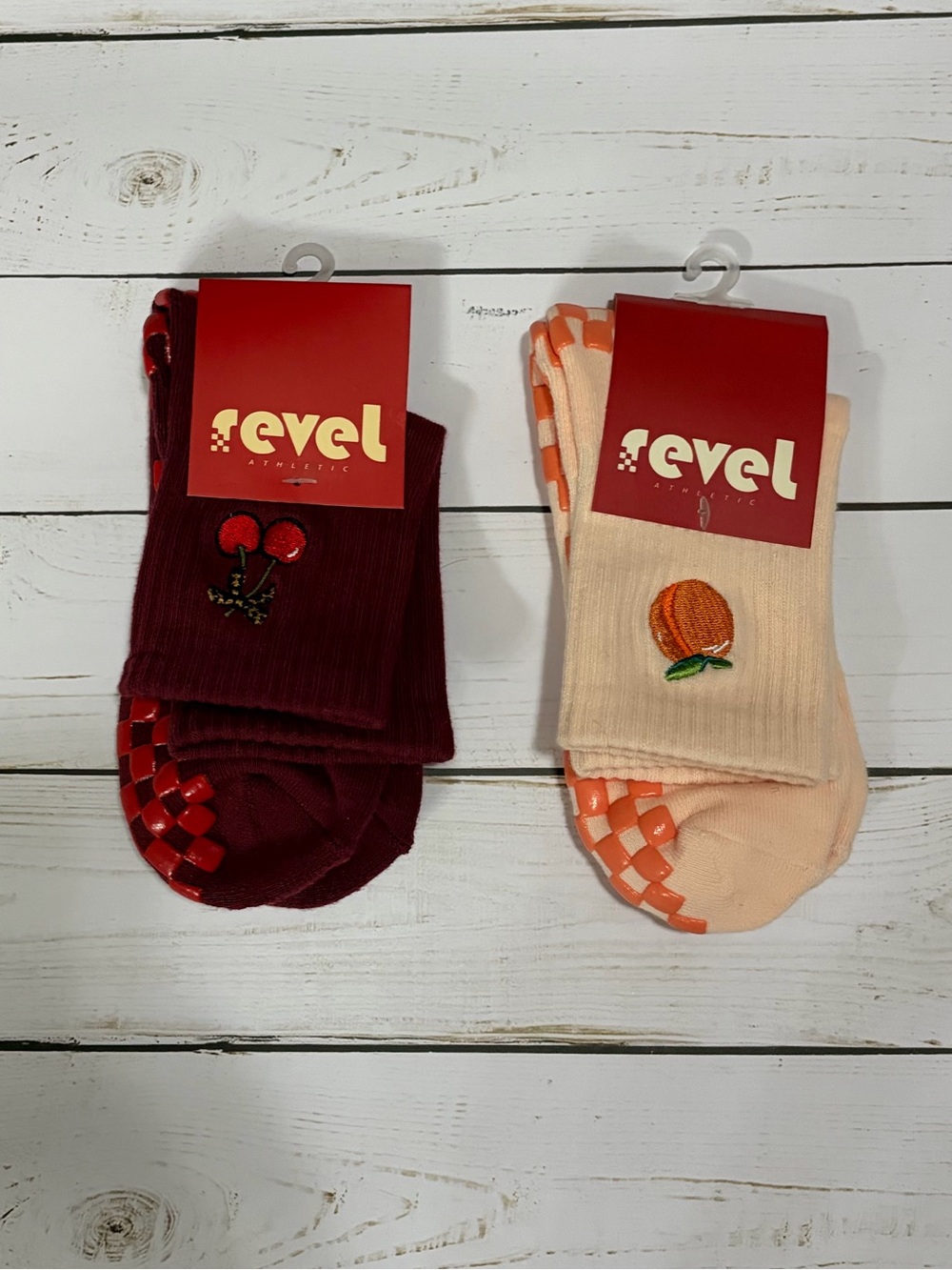 Pair of Revel Grip Crew Socks - Cherry Red & Peach Cream